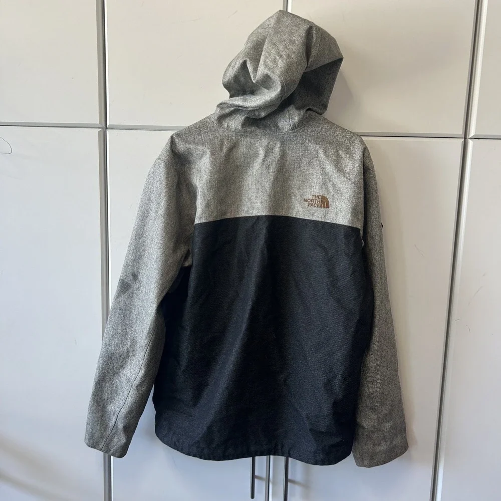 The North Face Mens L Hooded Jacket Grey Herringbone Black Colorblock Zip Up